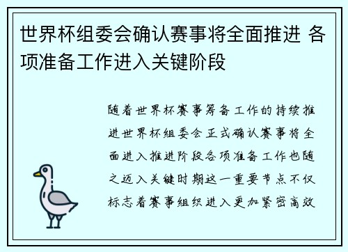 世界杯组委会确认赛事将全面推进 各项准备工作进入关键阶段