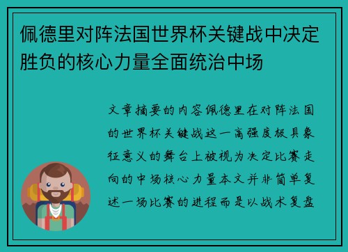佩德里对阵法国世界杯关键战中决定胜负的核心力量全面统治中场 佩德里对阵法国世界杯关键战中决定胜负的核心力量全面统治中场