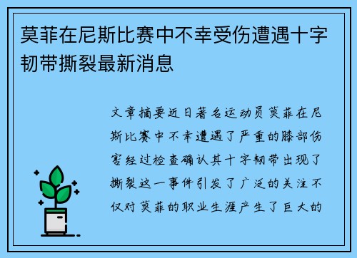 莫菲在尼斯比赛中不幸受伤遭遇十字韧带撕裂最新消息